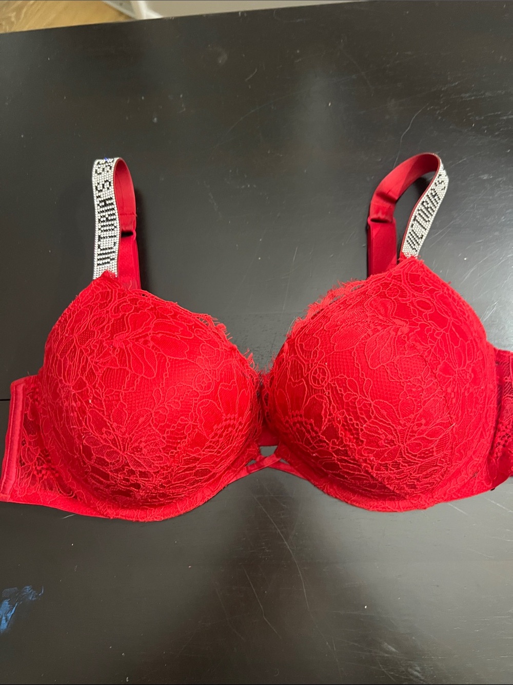 Victoria's Secret Red Lace Bombshell Push-Up Bra with Logo Straps